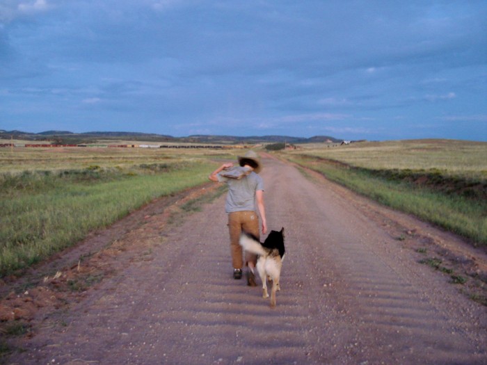 Meg and her faithful assistant out gathering materials.